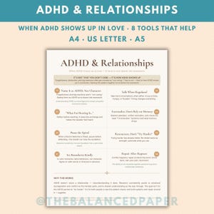 Może przedstawiać: Biały dokument informacyjny zatytułowany ADHD & Relationships, zawierający 8 narzędzi do zmiany obwiniania w pracę zespołową. Tekst zawiera sekcje dotyczące nazywania ADHD, regulowanej komunikacji oraz wyznaczania granic w relacji.