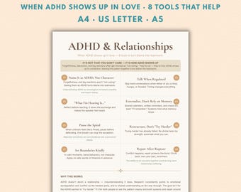May include: A white informational document titled ADHD & Relationships, featuring 8 tools to turn blame into teamwork. The text includes sections on naming ADHD, regulating talk, externalising memory, and setting boundaries in a relationship.