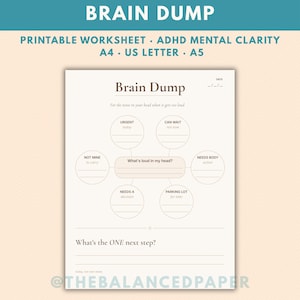 May include: A printable brain dump worksheet on a light beige background with dark brown text. The layout includes a date field, a central box labeled What's loud in my head?, six surrounding circular sections, and a section for the ONE next step.