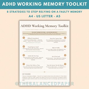 May include: An ADHD Working Memory Toolkit document featuring eight evidence-based strategies to manage memory. The page includes a title, a central explanation, and eight numbered sections with specific advice, available in A4, US Letter, and A5 sizes.