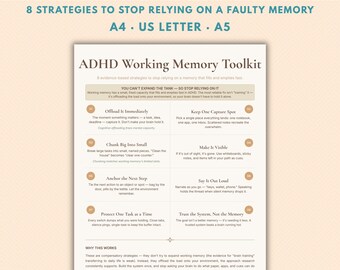 May include: An ADHD Working Memory Toolkit document featuring eight evidence-based strategies to manage memory. The page includes a title, a central explanation, and eight numbered sections with specific advice, available in A4, US Letter, and A5 sizes.