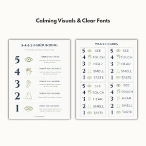 Puede incluir: Dos tarjetas blancas con texto e ilustraciones para una t&eacute;cnica de mindfulness. Las tarjetas est&aacute;n etiquetadas como "5-4-3-2-1 GROUNDING" y "WALLET CARDS". El texto incluye instrucciones para enfocarse en los sentidos: ver, tocar, o&iacute;r, oler y saborear. Las tarjetas tienen un dise&ntilde;o limpio y minimalista.