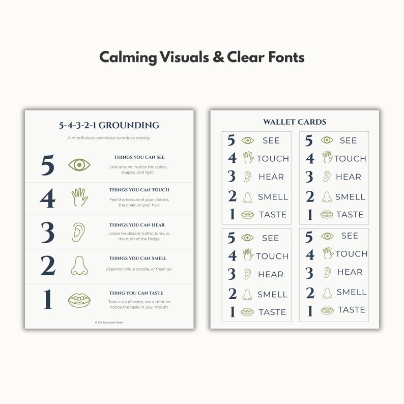 Puede incluir: Dos tarjetas blancas con texto e ilustraciones para una t&eacute;cnica de mindfulness. Las tarjetas est&aacute;n etiquetadas como "5-4-3-2-1 GROUNDING" y "WALLET CARDS". El texto incluye instrucciones para enfocarse en los sentidos: ver, tocar, o&iacute;r, oler y saborear. Las tarjetas tienen un dise&ntilde;o limpio y minimalista.