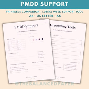 Può includere: Due pagine stampabili intitolate PMDD Support e Grounding Tools. I moduli presentano caselle di controllo per sentimenti, scale di intensità, sensazioni corporee e bisogni urgenti su uno sfondo chiaro.