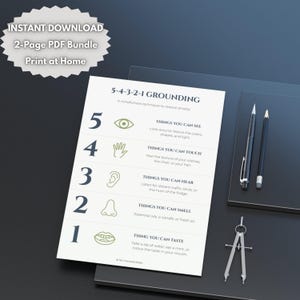 Puede incluir: Un paquete PDF blanco de 2 p&aacute;ginas con el texto "5-4-3-2-1 GROUNDING" e instrucciones para una t&eacute;cnica de atenci&oacute;n plena. La imagen incluye un l&aacute;piz, un bol&iacute;grafo y un comp&aacute;s sobre una superficie oscura. Tambi&eacute;n es visible el texto "DESCARGA INSTANT&Aacute;NEA".