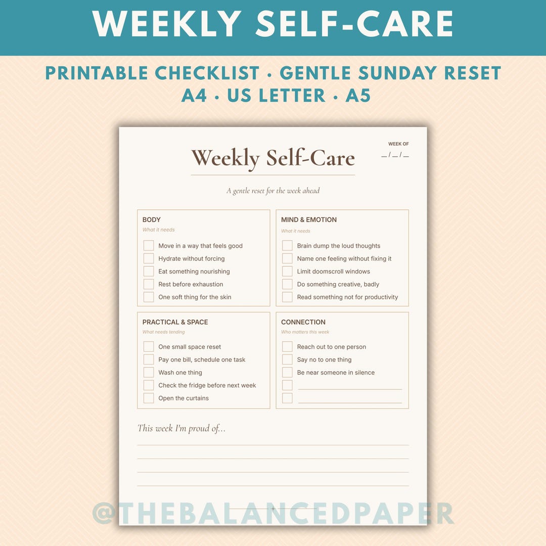 Weekly Self Care Checklist Printable | Sunday Reset Routine, Gentle ...