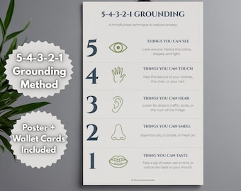May include: A poster and wallet cards with the text "ANXIETY RELIEF TECHNIQUE" and "5-4-3-2-1 GROUNDING". The poster lists steps to reduce anxiety, including things to see, touch, hear, smell, and taste. A plant is in the background.