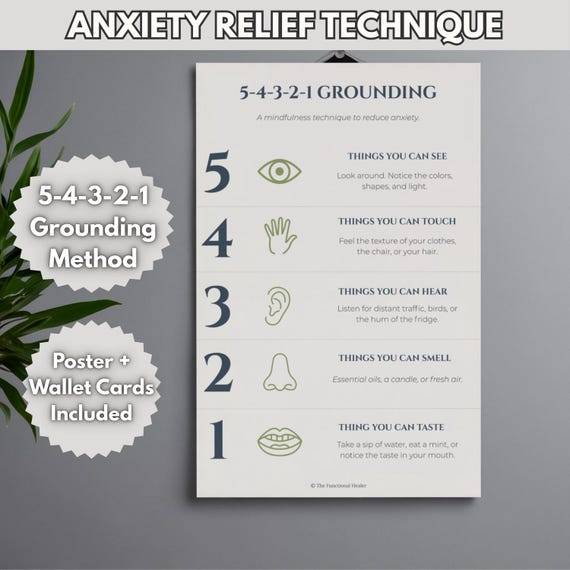 5-4-3-2-1 Grounding Technique Poster & Wallet Cards | Anxiety Relief Print, Panic Attack Helper, Therapy Office, Mindfulness Tool, CBT Skill