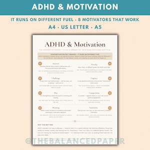 Może przedstawiać: Biały dokument informacyjny zatytułowany ADHD & Motivation, zawierający osiem numerowanych punktów dotyczących motywatorów, takich jak zainteresowanie, nowość, wyzwanie, pilność, zabawa, rywalizacja, znaczenie i autonomia, wyjaśniający działanie.