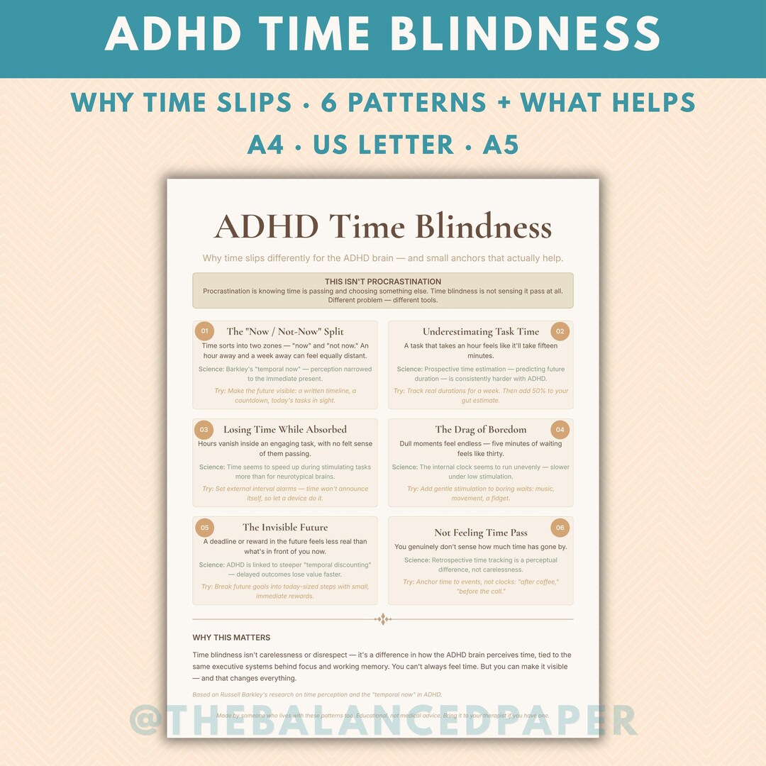 ADHD Time Blindness Cheat Sheet | Evidence-based Printable, 6 Time ...
