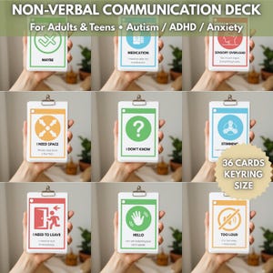 Könnte beinhalten: Ein nonverbales Kommunikationsdeck für Erwachsene und Jugendliche mit Autismus, ADHS und Angstzuständen. Das Deck enthält 36 Karten in Schlüsselanhängergröße mit Sätzen wie "Vielleicht", "Medikamente" und "Ich brauche Platz".