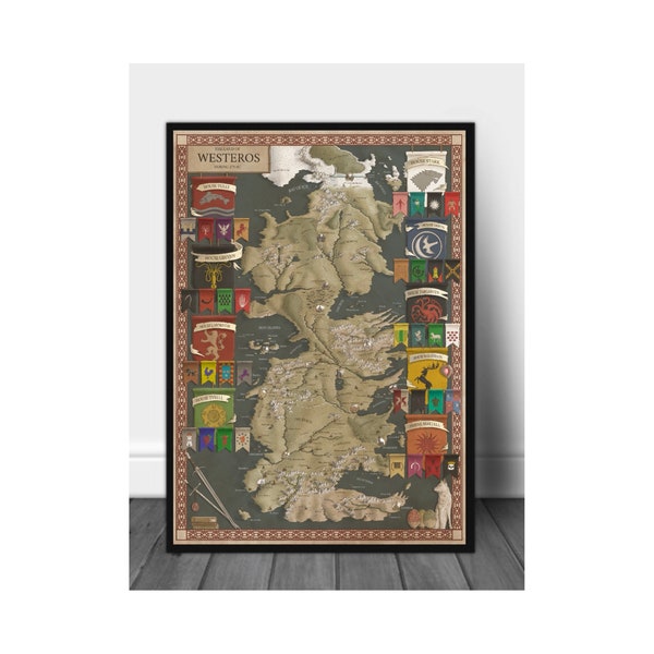 Poster della mappa del Trono di Spade, poster della mappa di Westeros da Le Cronache del Ghiaccio e del Fuoco