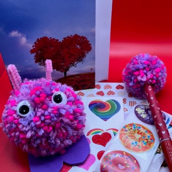 Valentines Gift Bag, Valentine's Day gift for her or him, Gift Sack, Love Bug, Pom Pom, Valentines Gift Assortment, Ready to give gift bag