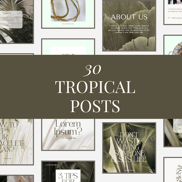 30 Tropical Instagram Post Template Canva, Social Media Template, Neutral, Green, Instagram Templates Beauty, Jewellery Instagram Templates