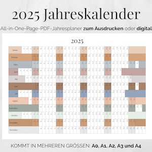 2025 Jahreskalender, Wandkalender, Jahreskalender 2025 druckbar, Digitaler Wandkalender 2025, Planungstool, Jahresplaner, Kalender Vorlage