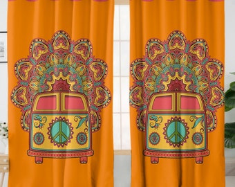 Orange Bus Curtains, Hippie Van Drapes, Bohemian Decor, Indian Style Mandala, Peace Sign - Hooks, Grommet Top or Rod Pocket - Custom Sizing