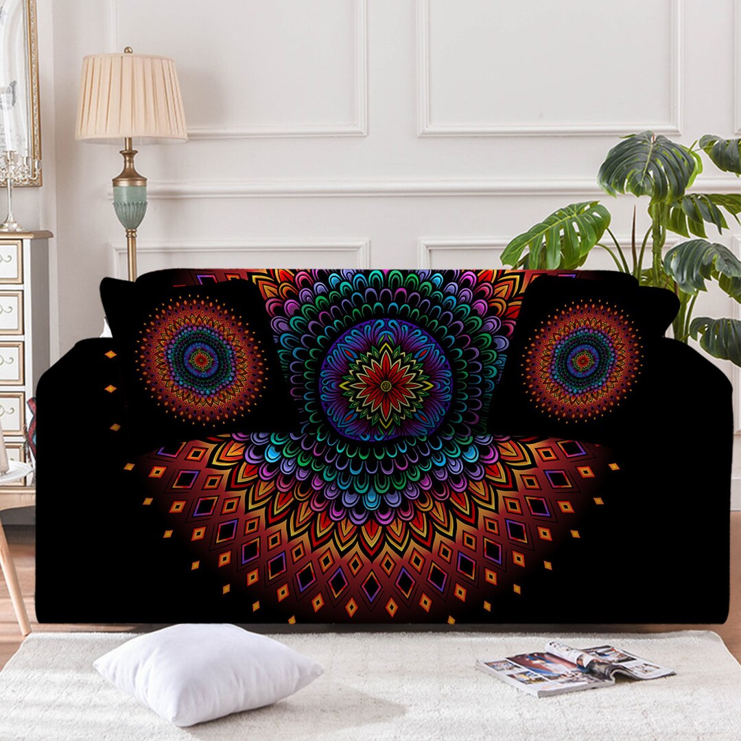 Black Mandala Couch Cover, Boho Sofa Slipcover, Indian Style Furniture