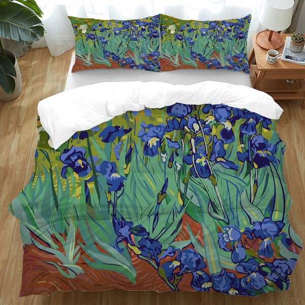 Ensemble de literie de housse de couette florale, housse de couette Van Gogh, housse de couette iris, décor de chambre à coucher de fleurs, décoration de maison d’artiste unique