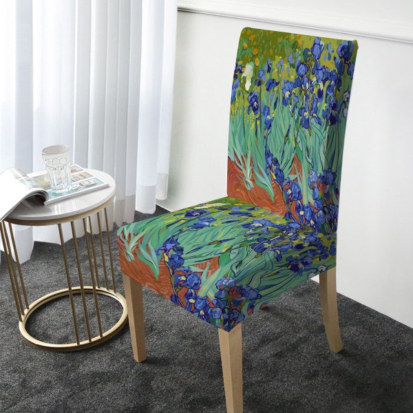 Floral Dining Chair Cover, Van Gogh's Irises Chair Slipcover, Living Room Furniture Protector, Famous Artwork Home Decor