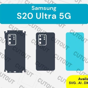 May include: A digital template for a Samsung S20 Ultra 5G phone case. The template shows the outline of the phone, the camera cutout, and the placement of the buttons. The template is available in SVG, AI, DXF, EPS, and PDF formats.