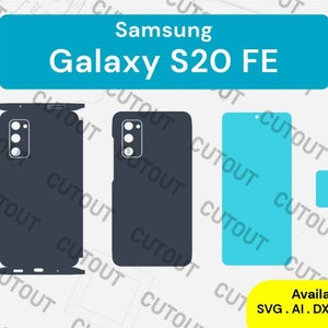 May include: A digital template for a Samsung Galaxy S20 FE phone case. The template shows the outline of the phone, the camera cutout, and the screen. The template is available in SVG, AI, DXF, EPS, and PDF formats.