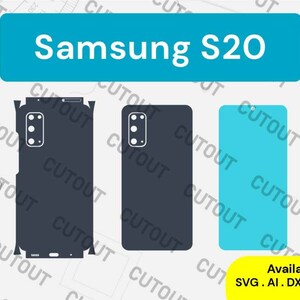 May include: Three different outline shapes of a Samsung S20 phone. The first shape is a black outline of the back of the phone with a camera lens. The second shape is a black outline of the front of the phone. The third shape is a light blue outline of the front of the phone. The text "Available in SVG. AI. DXF. EPS. PDF" is below the shapes.