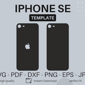 May include: Two black iPhone SE phone case templates. The template on the left has the Apple logo. The text "IPHONE SE TEMPLATE" is at the top of the image. The text "SVG - PDF - DXF - PNG - EPS - JPG" is at the bottom of the image. The text "high quality", "Instant Download", and "perfect fit" are below the text at the bottom of the image.