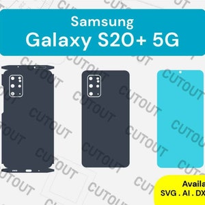 May include: A digital template for a Samsung Galaxy S20+ 5G phone case. The template is shown in three colours: black, grey, and blue. The template includes cutouts for the camera and other phone features. Available in SVG, AI, DXF, EPS, and PDF formats.