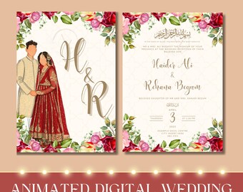 May include: A digital wedding invitation with a floral border and a couple in traditional clothing. The invitation includes the names "Haider Ali" and "Rehana Begum" and the date "April 3, 2025".