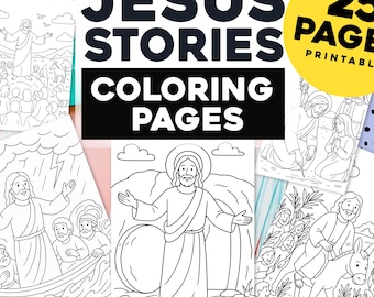 Jesus Coloring Pages for Kids: 25 Printable Coloring Pages with Jesus Bible Stories (A4 JPG Digital Download), Bible School Coloring Book