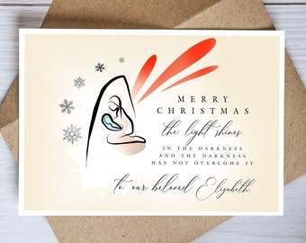 Merry Christmas Christian CARD PERSONALISED with Family Name Custom Bible Verse, Jesus and Mary in Stable Holiday Decor Originaly designed