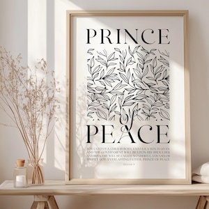 May include: A black and white printable art print with a floral design and the text "Prince of Peace" and a Bible verse from Isaiah 9:6.