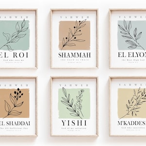 Zestaw 6 wydrukowanych imion Boga na ścianę, minimalistyczna galeria wersetów biblijnych, YAHWEH Shammah, El Shaddai, El Roi, Yishi El Elyon MKaddesh Bundle