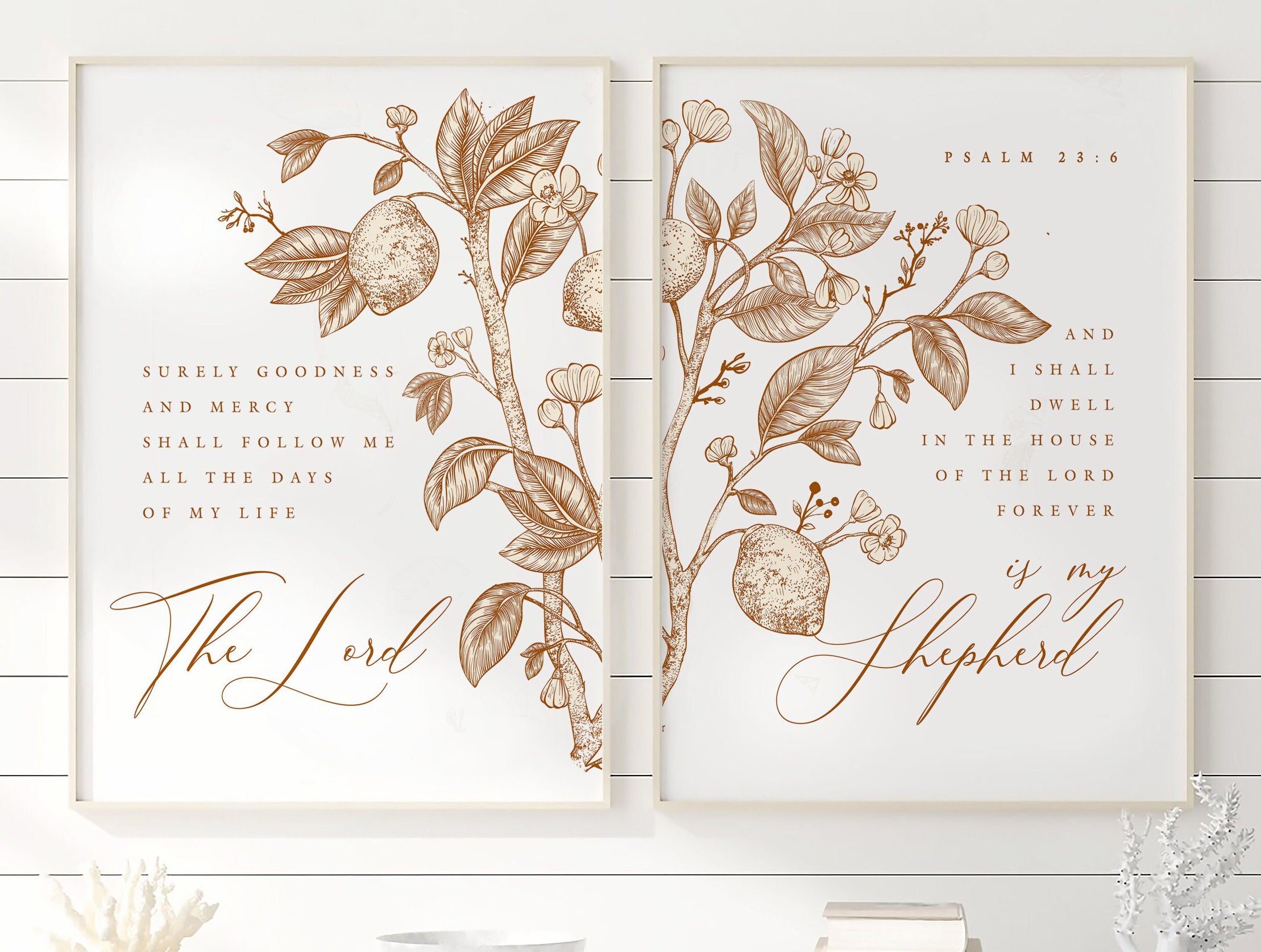The LORD is my SHEPHERD Set of 2 Bible verse prints | Psalm 23 Christian Home Decor Scripture Printables | LEMON Tree Botanical Wall Art