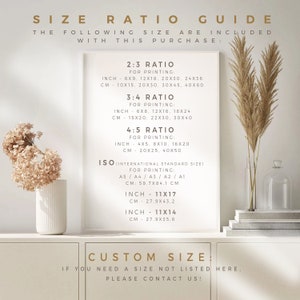 May include: A printable guide for choosing the right size for a print. The guide lists different aspect ratios, including 2:3, 3:4, and 4:5, with corresponding inch and centimetre measurements. It also includes standard ISO sizes like A5, A4, A3, A2, and A1. The guide is printed on a white background with black text.