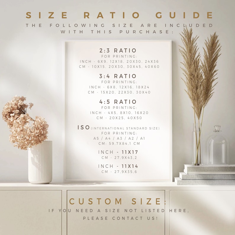 May include: A printable guide for choosing the right size for a print. The guide lists different aspect ratios, including 2:3, 3:4, and 4:5, with corresponding inch and centimetre measurements. It also includes standard ISO sizes like A5, A4, A3, A2, and A1. The guide is printed on a white background with black text.