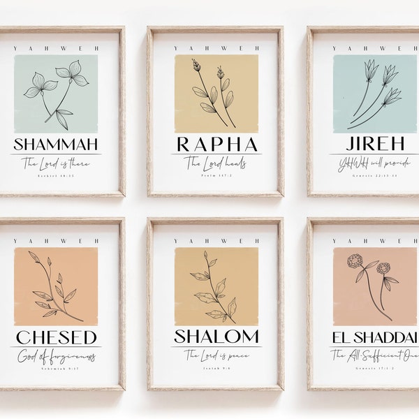 Hebrew Names of God Set of 6 Christian Printable Wall Art, Bible Verse Minimalist Gallery, YAHWEH Shammah Chesed Jireh Rapha Shalom Bundle