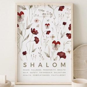 SHALOM Wandkunst, Shalom HEBRÄI Definition Bibel Vers druckbare Kunst, rote Feldblumen Druck, SHALOM Frieden Biblische Hebräisch Übersetzung Poster