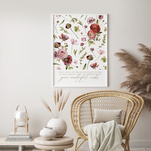 May include: A framed floral print with a white background and pink and red flowers. The print includes a bible verse: "They speak of the glorious splendor of your majesty, and I will meditate on your wonderful works." Psalm 145:5