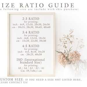 May include: A white framed poster with a beige background and black text. The poster lists different size ratios for printing, including 2:3, 3:4, and 4:5. It also includes the ISO standard sizes for printing, which are A5, A4, A3, A2, and A1. The poster is decorated with dried flowers and grasses.