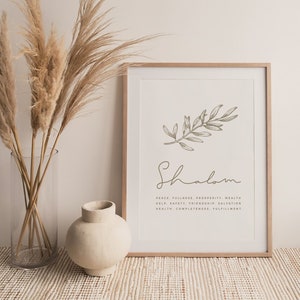 Shalom Minimalist Printable Wall Art, HEBREW definition of Shalom/Peace with Olive Branch Design, SHALOM BIBLE Verse Poster, Jewish Wall Art
