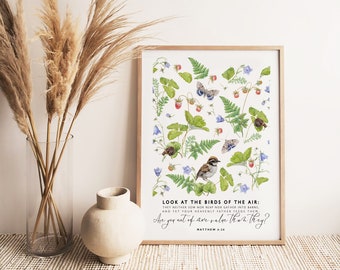 Schau mal bei den VÖGELN | Matthäus 6:26, BIRD Wild Flower Botanische christliche Wandkunst | Bibel Vers Drucke | Christliche Wohnkultur | Schrift-Druck