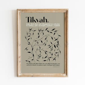 May include: A framed print with a beige background and black floral design. The print features the word "Tikvah" in black text and a definition of the word in smaller text. The quote "For I know the plans I have for you..." is printed at the bottom of the print.