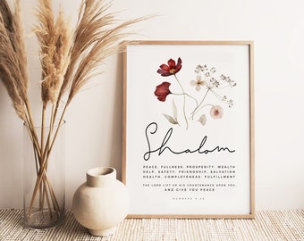 SHALOM Wall Art Printable, Aarons Blessing Numbers 6, HEBREW definition of Shalom, Peace Bible Verse Poster, Scripture Watercolor Wall Art