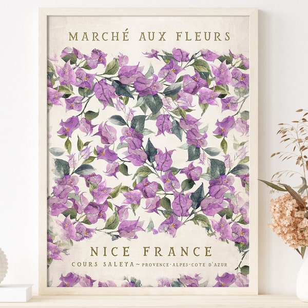 Flower Market Poster | Marche aux Fleurs Nice France Print Wall Decor | Bouganville Watercolor Flower poster | 2 BOHO prints Poster