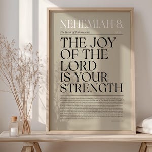 Peut inclure: Une impression murale d'art imprimable beige et marron avec le texte "Nehemiah 8. La fête des Tabernacles" et "La joie de l'Éternel est ta force".