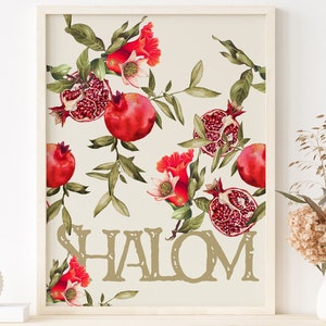 Shalom Hebrew Art Print: Pomegranate Watercolor Wall Art (Digital Download)