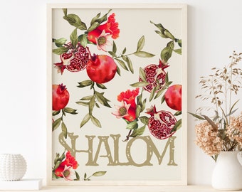 Shalom Hebrew Art Print: Pomegranate Watercolor Wall Art (Digital Download)