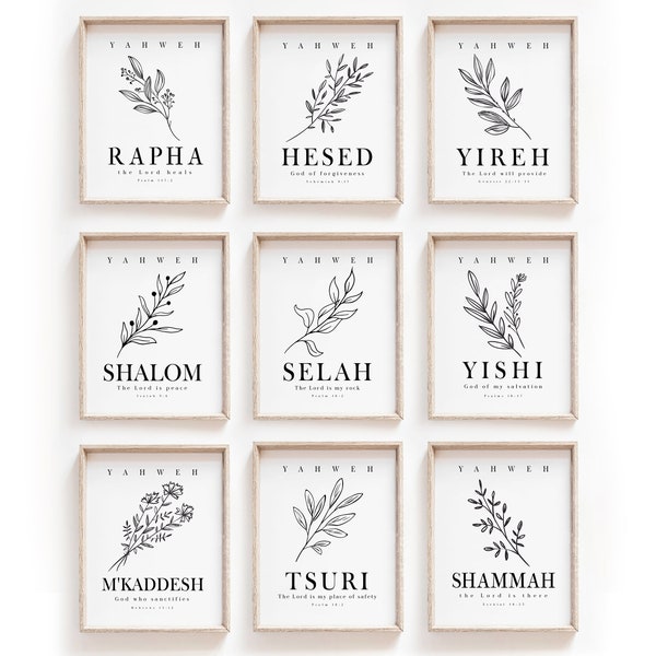 Hebrew Names of God Set of 9 Wall Art Prints, Bible Verse Minimalist Gallery, YAHWEH Name Selah Tsuri Hesed Yireh Rapha Shalom Printable Art