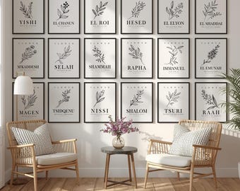 May include: A collection of framed art prints featuring botanical illustrations and text. Each print has a black frame and a white background. The text includes words like "YISHI", "EL CHANUN", and "EL ROI". The prints are displayed above two wicker chairs.